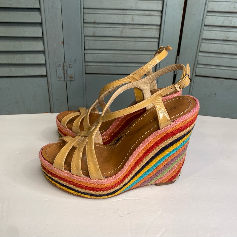 Kate Spade Lindsay Rainbow Espadrille Raffia & Leather Wedge Heel Sandals Size 6 - Picture 3 of 12